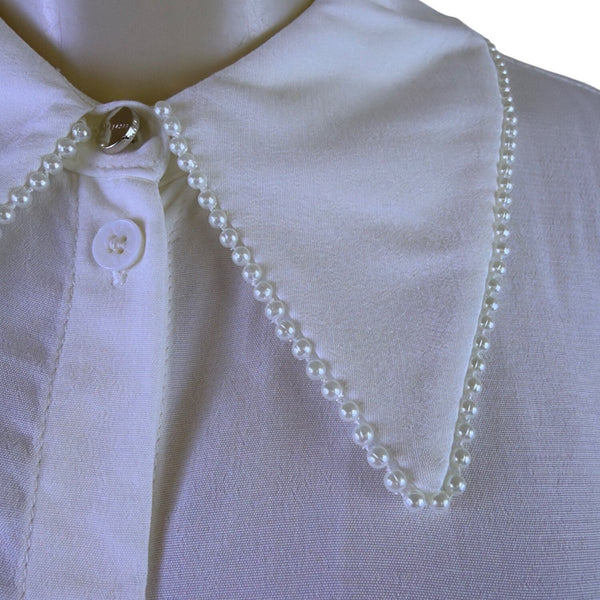 Ted Baker Womens White Button-Up Shirt With Pearl-Embellished Collar Sz 2