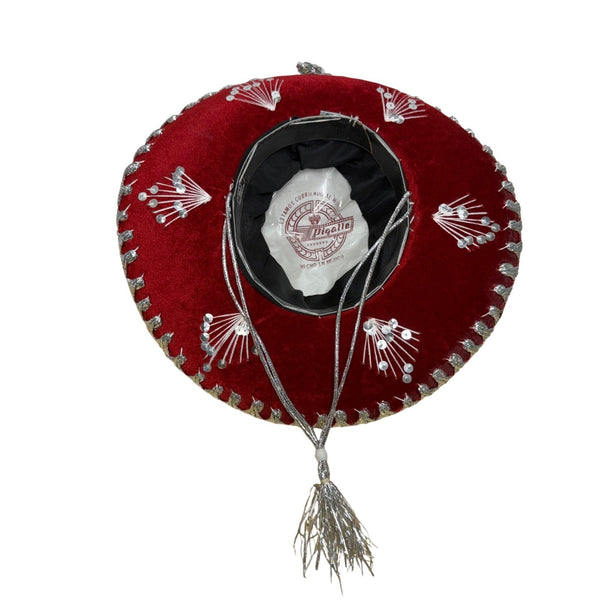 Pigalle Red & Silver Adult Mexican Sombrero Hat Velour Embroidered Traditional F