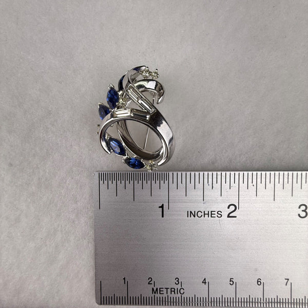 Trifari Vintage Silver Tone Rhinestone Sapphire Blue Crescent Brooch Pin Elegant