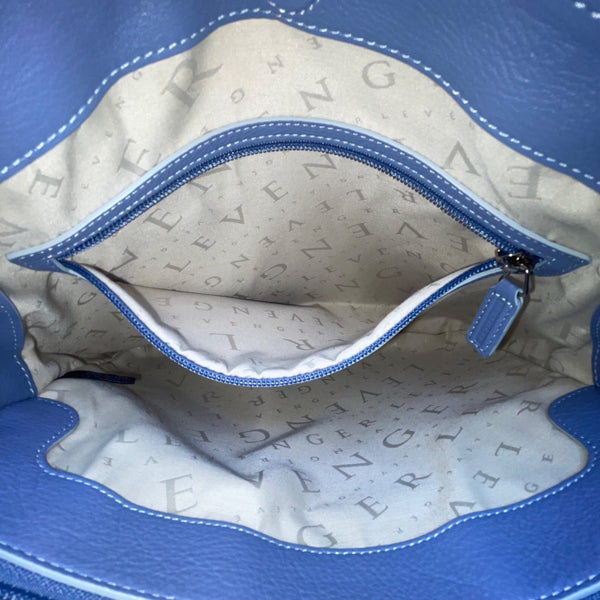 Levenger Women’s Blue Leather Double Handles Front Pocket Shoulder Tote Bag