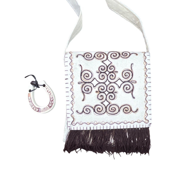 Handmade Cream & Brown Embroidered With Fringe In Women’s Crossbody Bag Sz M