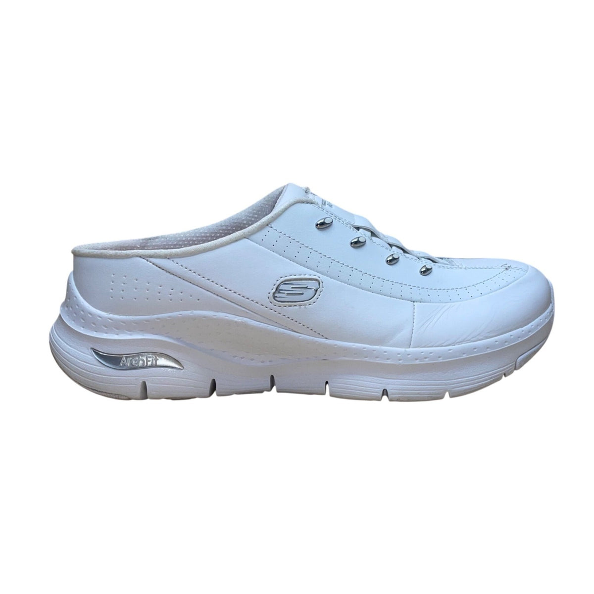 Skechers Women’s White Leather Blend Arch Fit Slide-On Walking Shoes Size 10