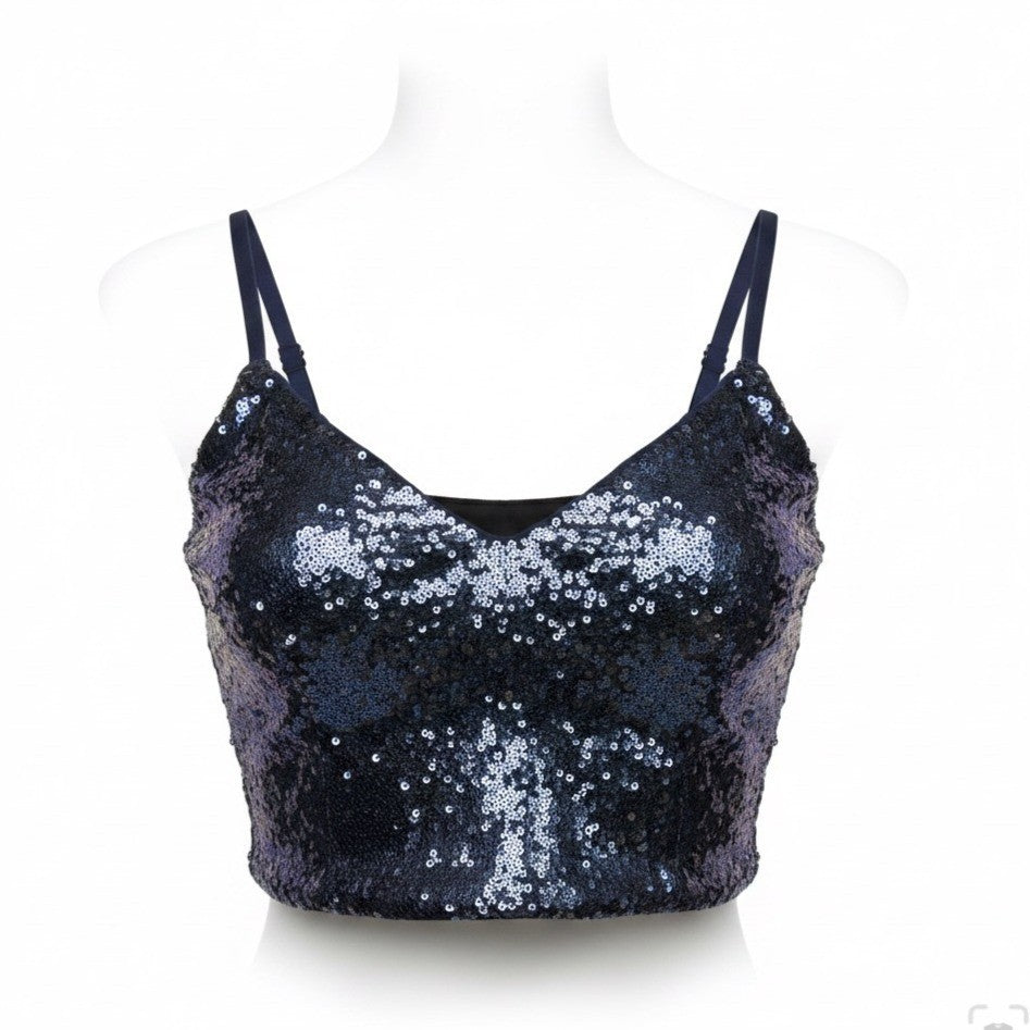 Lush Womens Navy Blue Sequin Crop Top Adjustable Straps Polyester/Nylon Size S