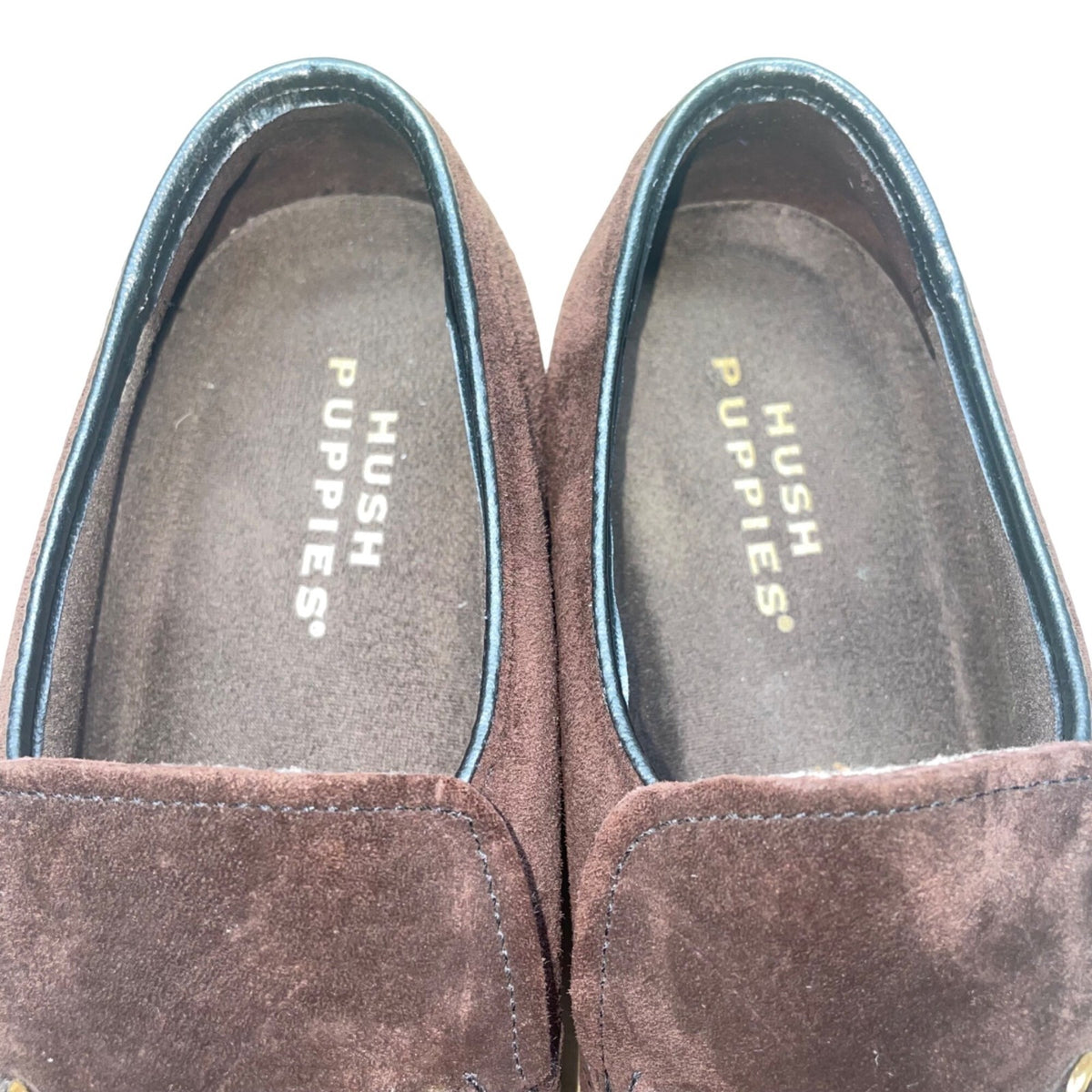 Hush Puppies Women’s Brown Suede Slip-On Gold Logo Detail Classic Loafers Sz 9.5