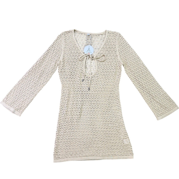 Anrabess Women Beige Long Sleeve Knit Tunic With Tie Neck Size S