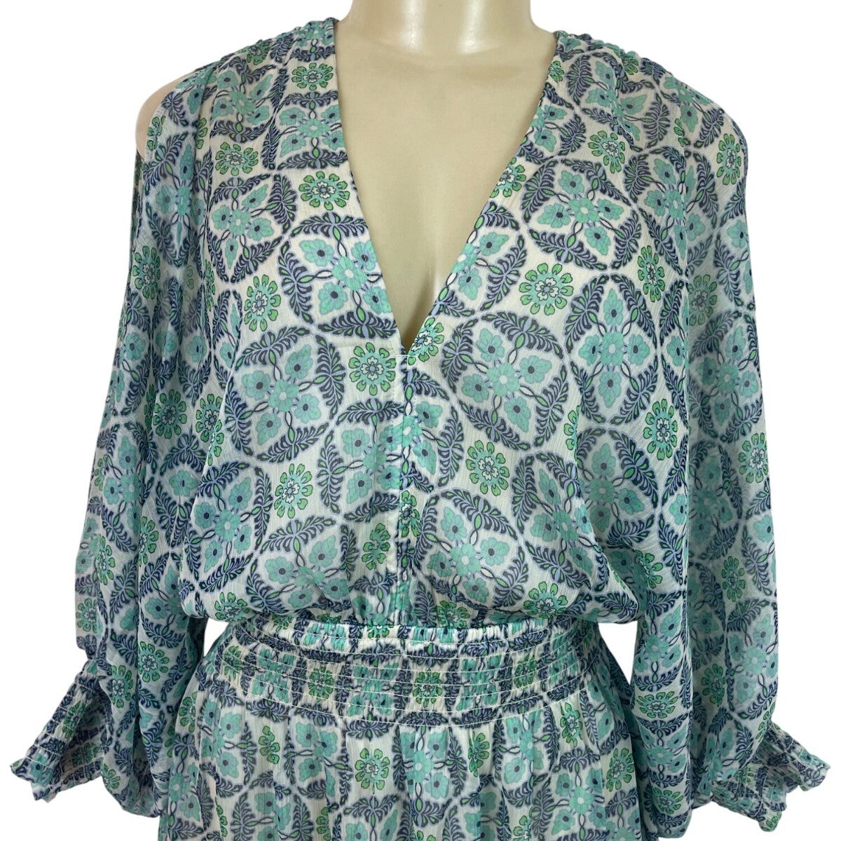Lovestitch Women’s Blue & Green Floral Print V-Neck Long Sleeve Mini Dress Sz S
