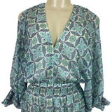 Lovestitch Women’s Blue & Green Floral Print V-Neck Long Sleeve Mini Dress Sz S