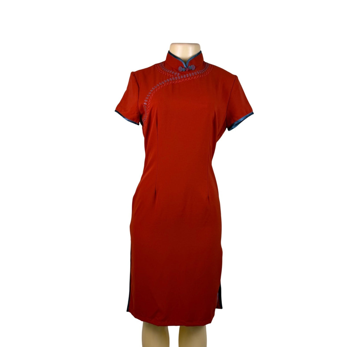 Womens Red Cheongsam Qipao Dress With Blue Trim & Embroidery Elegant Style Sz XL