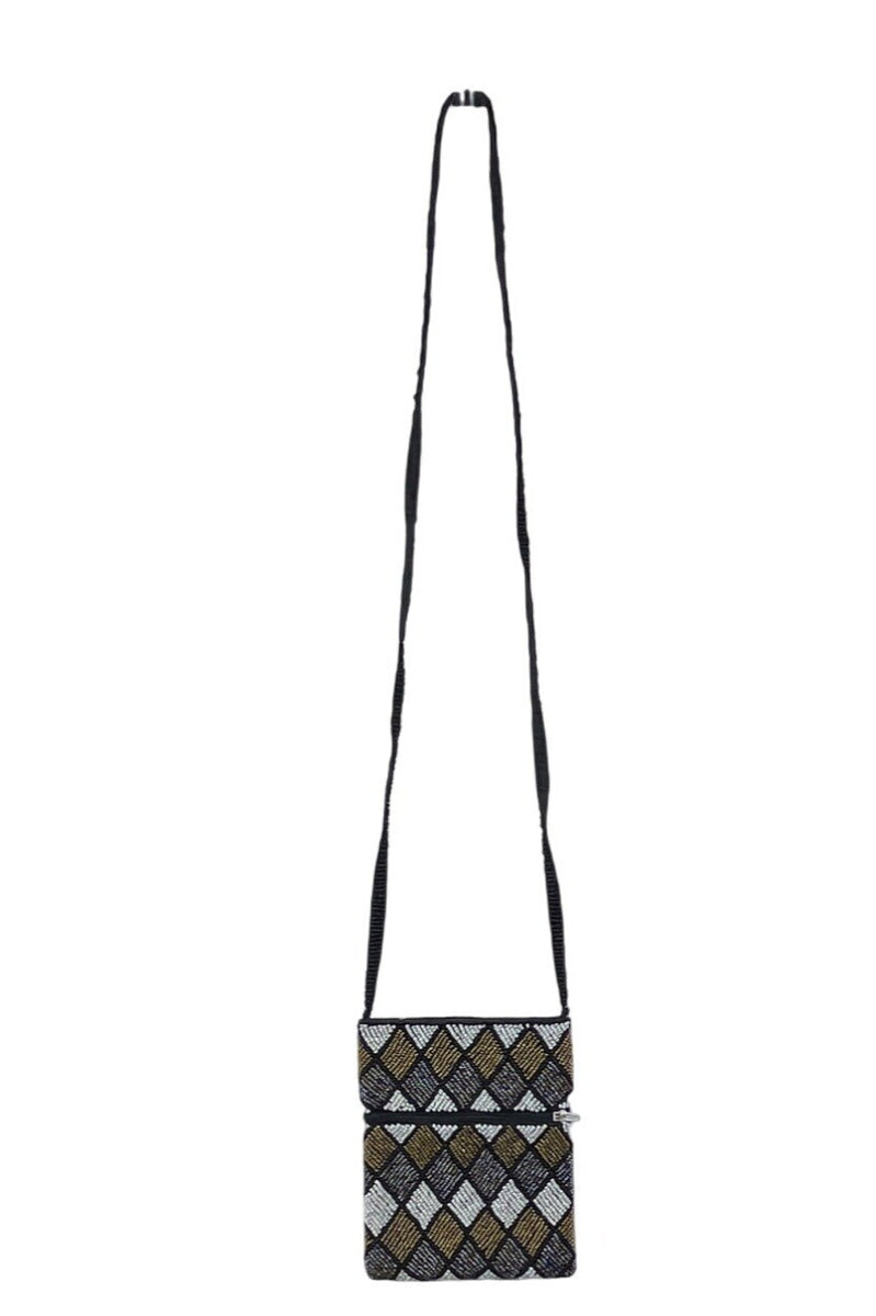 Beaded Harlequin Pattern Black Gold Silver White Crossbody Bag Sz S