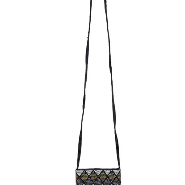 Beaded Harlequin Pattern Black Gold Silver White Crossbody Bag Sz S
