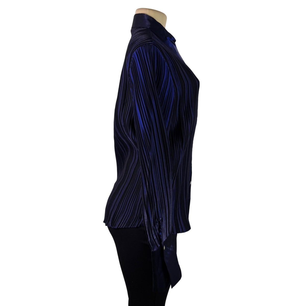 Caviar Womens Navy Satin Blend Pleated Button-Up Shirt Long Sleeve Sz XL