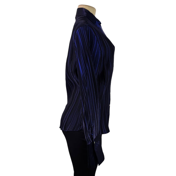 Caviar Womens Navy Satin Blend Pleated Button-Up Shirt Long Sleeve Sz XL