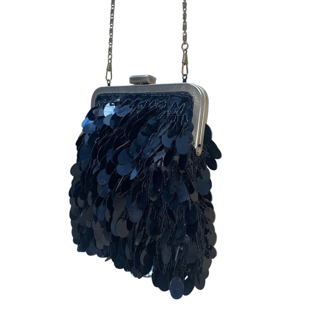 J&X NY Women’s Black Sequined With Chain Strap Elegant Clasp Frame Evening Bag