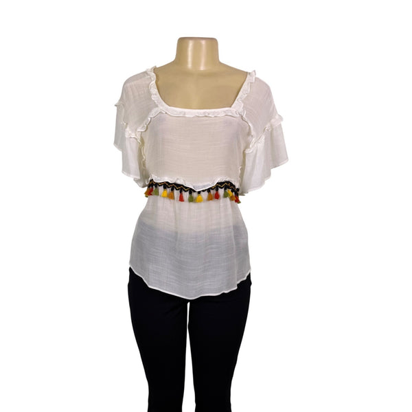 Zac & Rachel Womens White Tassel-Trim Ruffle Blouse  Bohemian Chic Size S