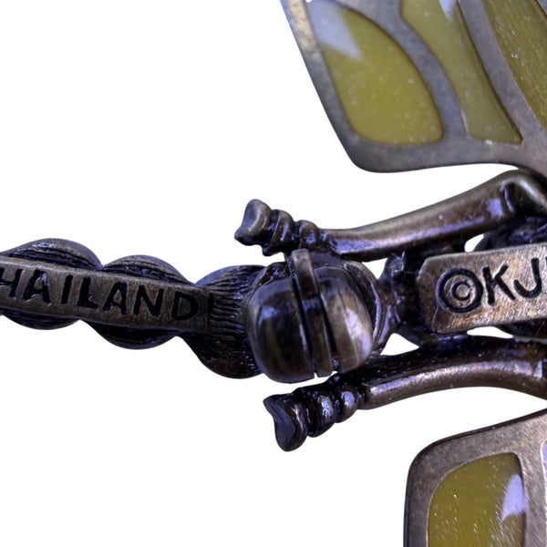 Kenneth Jay Lane Gold Tone & Green Rhinestone Dragonfly Brooch Enamel Wings
