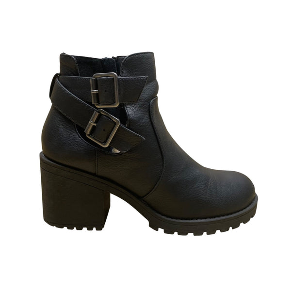 Dirty Laundry Women’s Black Leather Buckle Chunky Heel Ankle Booties Size 7M