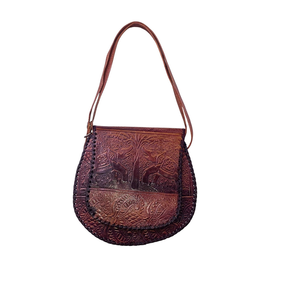 Women’s Brown Elephant & Tree Embossed Leather Shoulder Saddle Bag