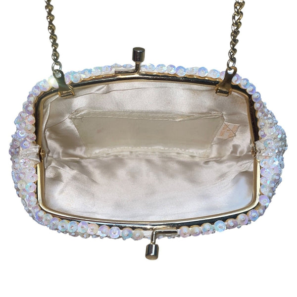 Handmade Women’s White Beaded & Sequin Evening Clutch Bag With Chain Strap