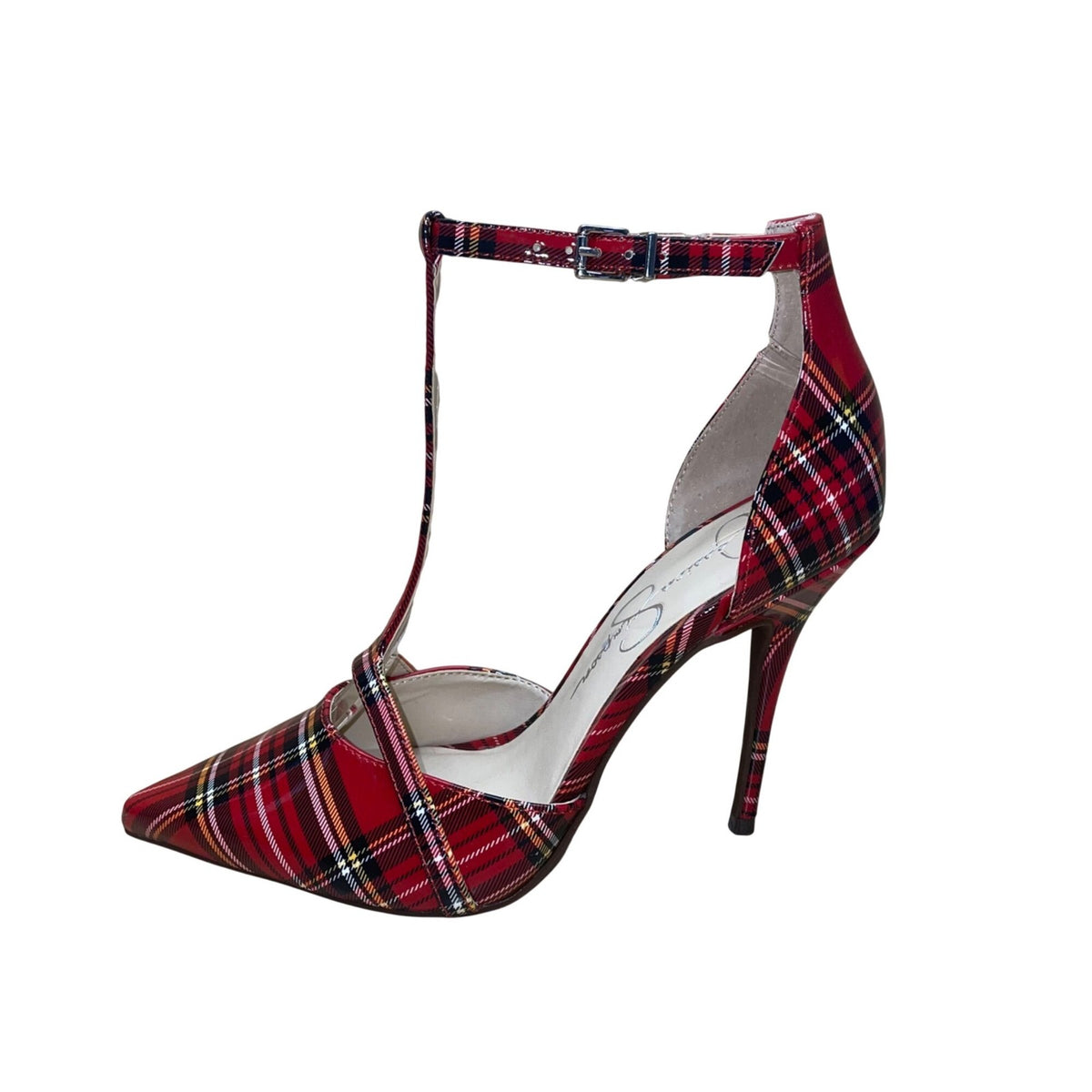 Jessica Simpson Women’s Red Faux Patent T-Strap Plaid Pointed Toe Heels Size 6M