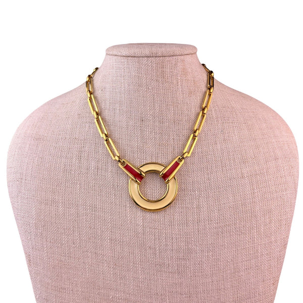 Monet Womens Gold Tone Red Enamel Link Necklace Chain Vintage Jewelry