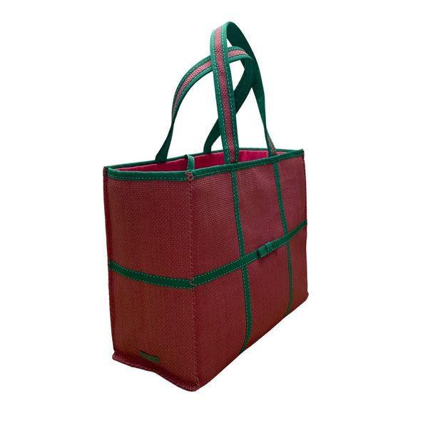 Ralph Lauren Women’s Red & Green Woven Linings Open Top Stitch Detailing Tote