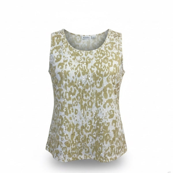 Joan Rivers Womens Beige & White Leopard Print & Sequin Sleeveless Top Size L