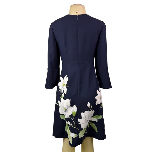 Hobbs Womens Navy Floral Print Bell Sleeve Dress Size US 4