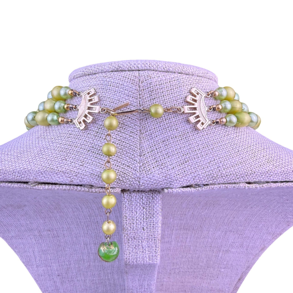 Vintage Womens Green & Gold Tone Beaded 3-Strand Necklace & Clip-On Earrings
