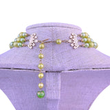 Vintage Womens Green & Gold Tone Beaded 3-Strand Necklace & Clip-On Earrings