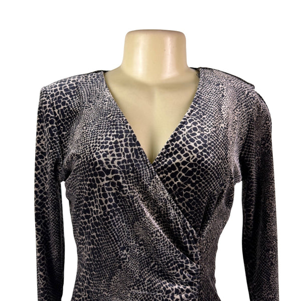 Robbie Bee Womens Black Animal Print Long Sleeve Wrap Dress Size S