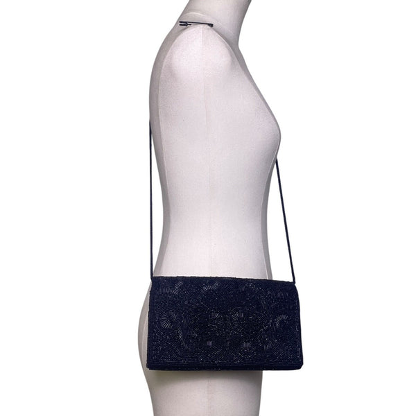 Lord & Taylor Women’s Black Beaded Floral Design Shoulder Strap Evening Clutch