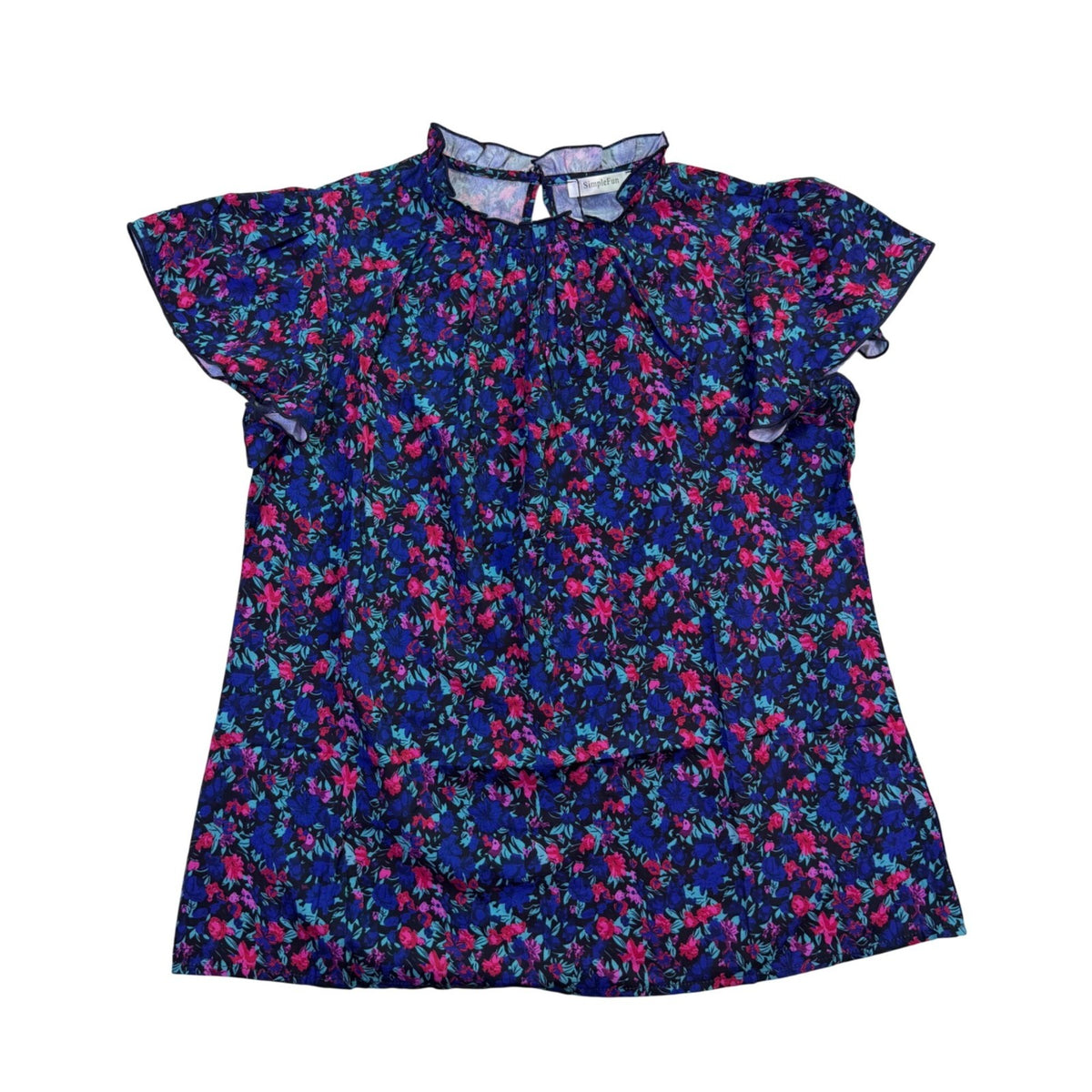 Simplefun Womens Blue Floral Blouse With Ruffled Sleeves Size M
