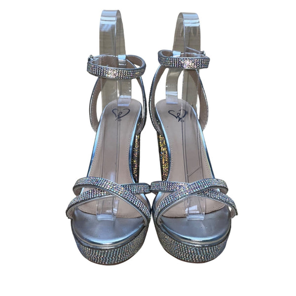 Windsor Women’s Silver Rhinestone Platform Chunky Heel Dearly X77 Sandals Size 6