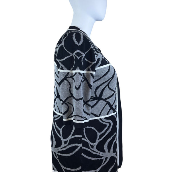Misook Womens Black & White Knit Open Cardigan Sweater Abstract Pattern Sz XL
