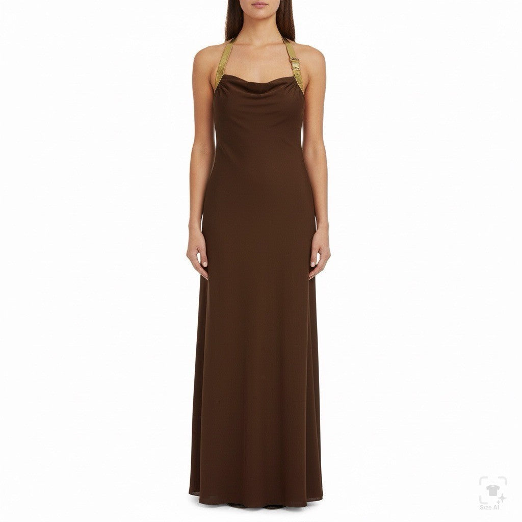 Cache Womens Brown Halter Maxi Gown With Metallic Gold Straps Sz 4