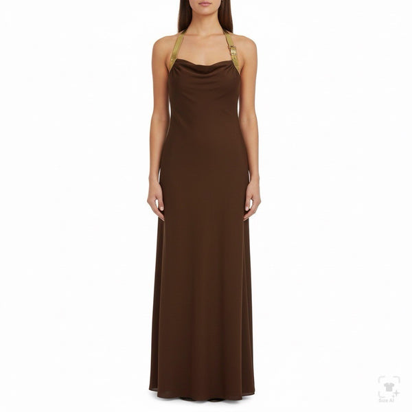 Cache Womens Brown Halter Maxi Gown With Metallic Gold Straps Sz 4