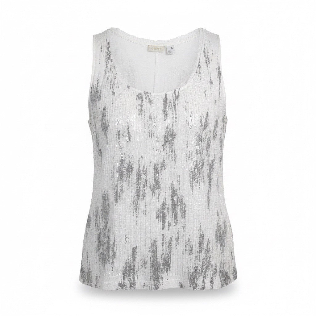 Chicos Womens White & Silver Sequin Tank Top Casual Lightweight Stretch Size 3L