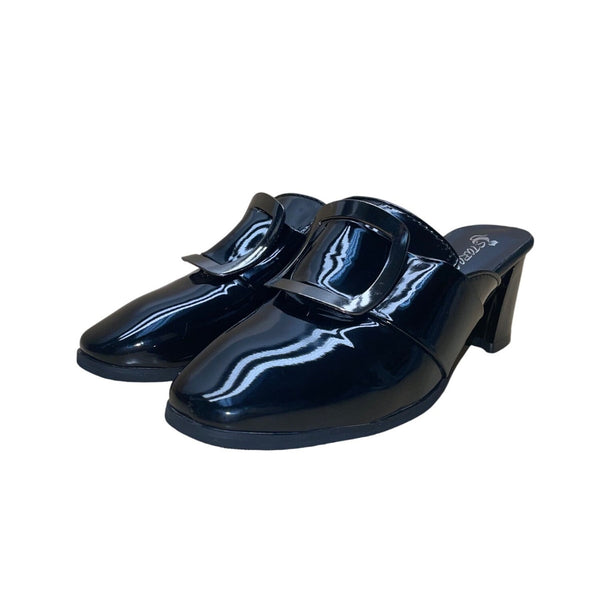 Starcate Women’s Black Patent & Silver Buckle Block Heel Slip-On Mules Size 37