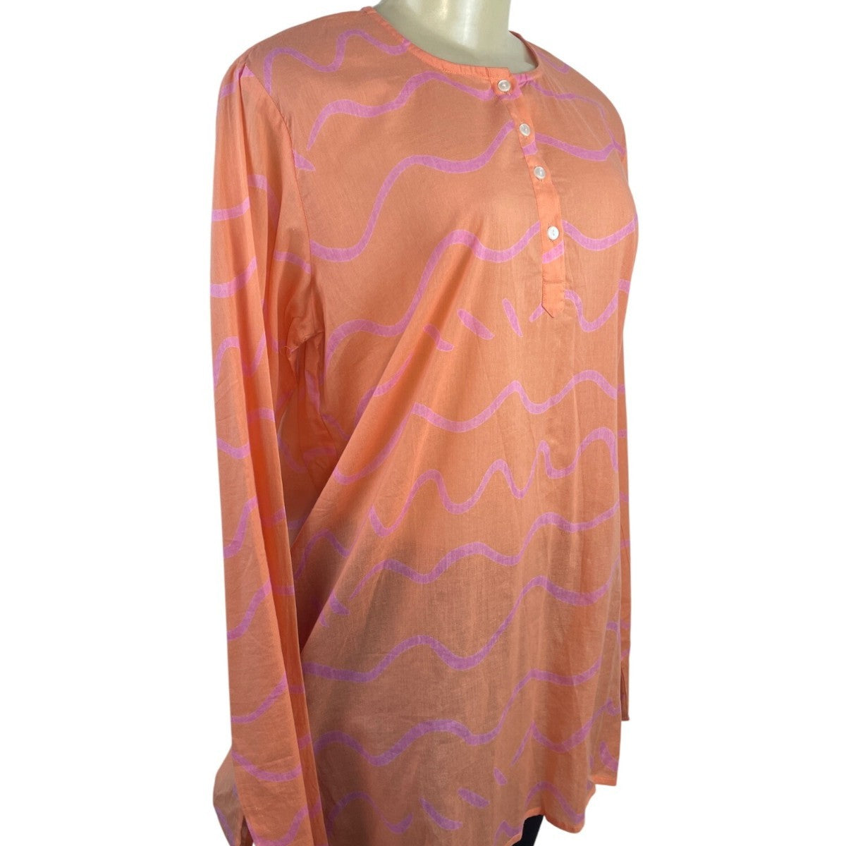 See Design Women’s Coral Long-Sleeve Tunic Blouse With Wave Pattern Sz L - New