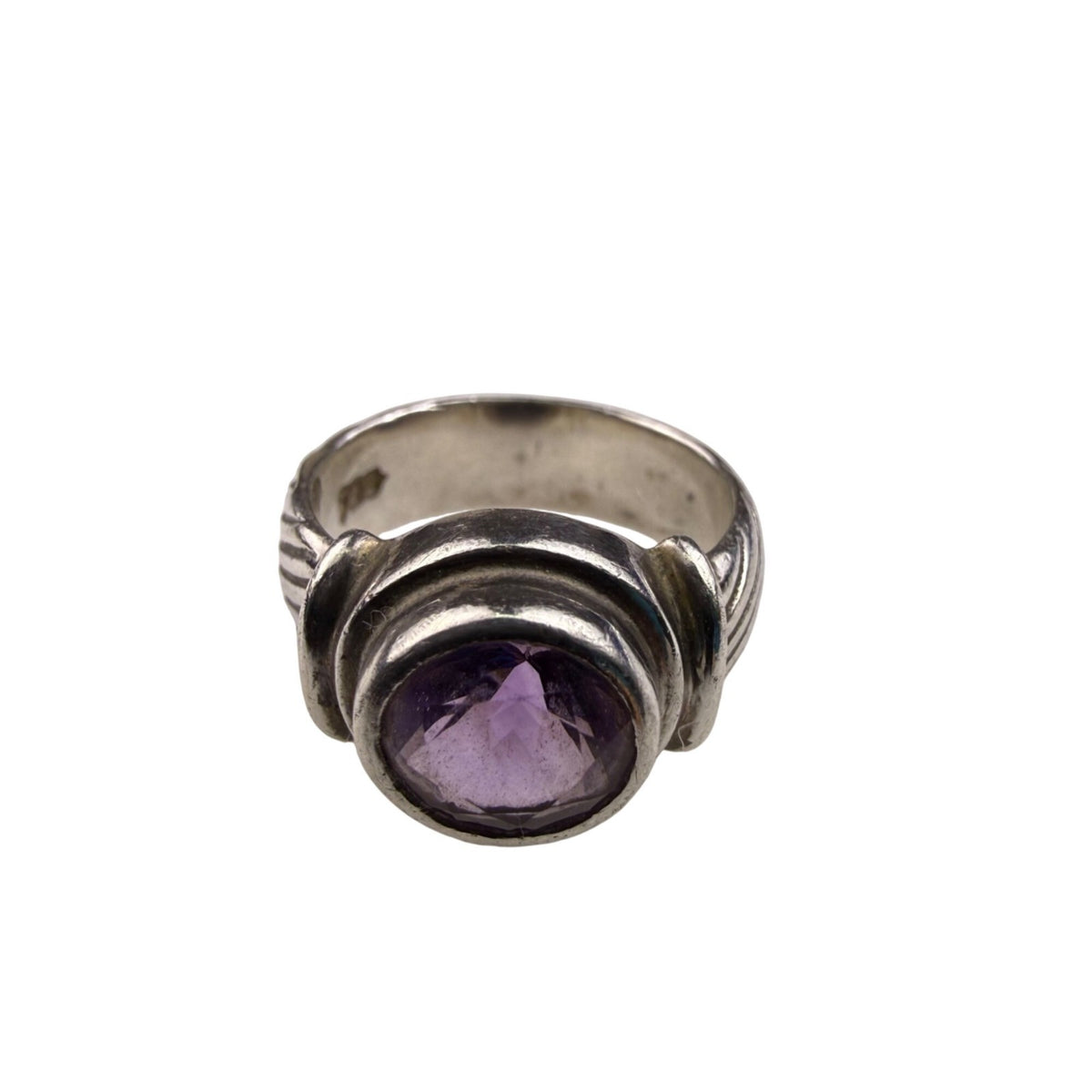 Sterling Silver Womens Purple Amethyst Stone Ring Size 5 Vintage Textured Band