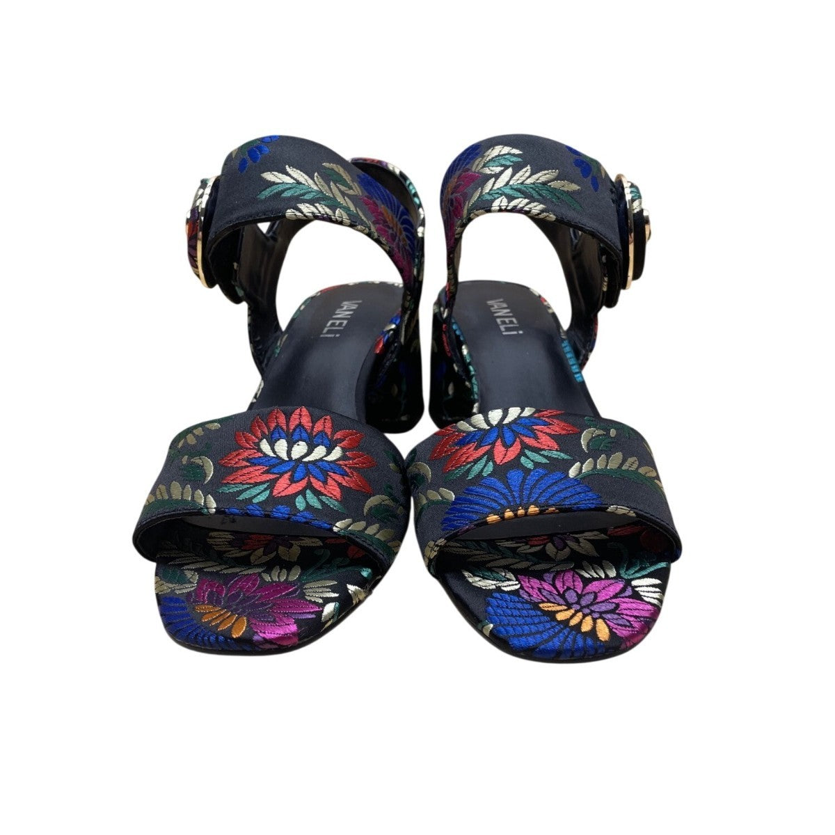Vaneli Women’s Black Floral Embroidered Open Toe Block Heel Sandals Size 9N