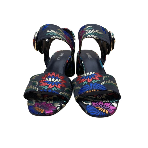 Vaneli Women’s Black Floral Embroidered Open Toe Block Heel Sandals Size 9N