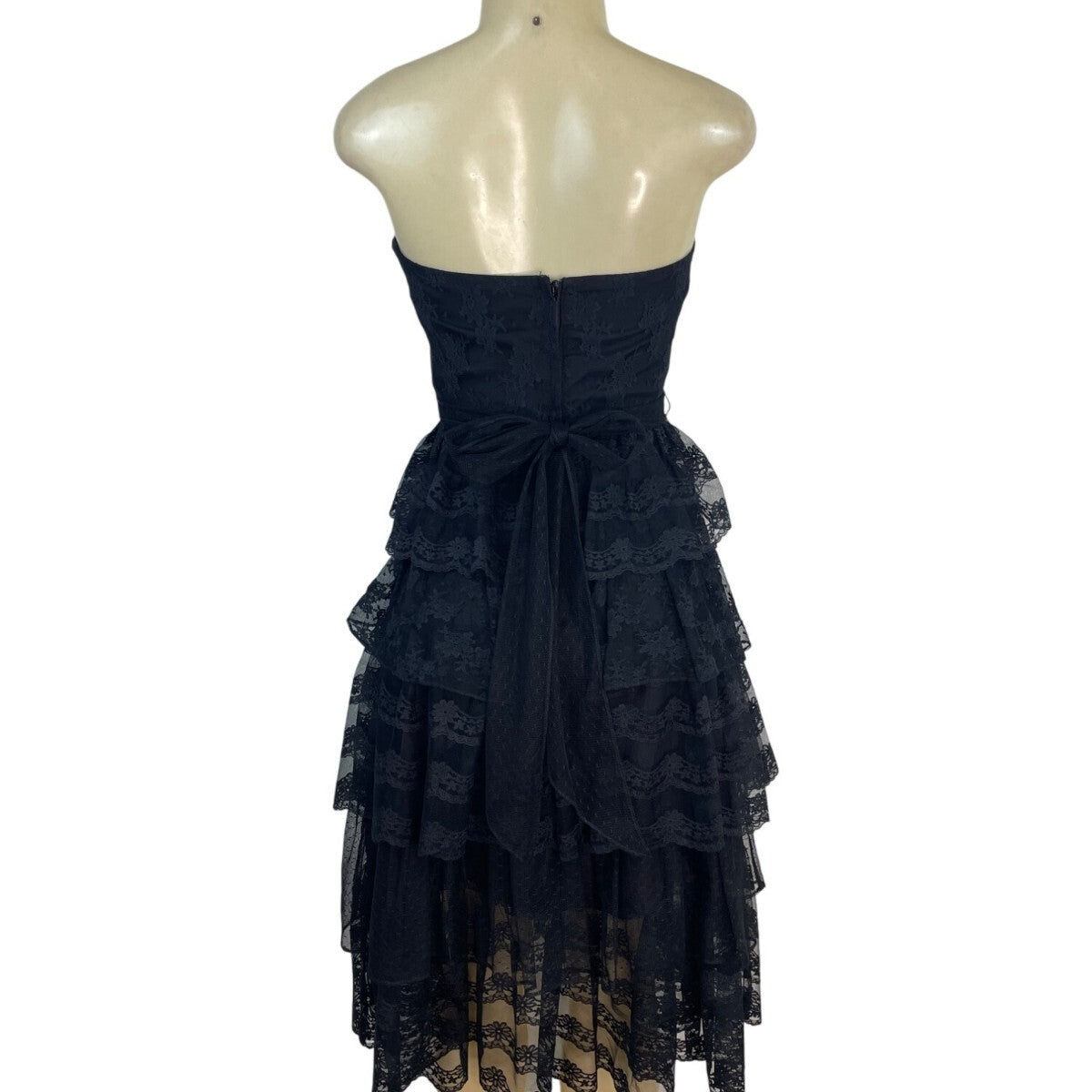 Vintage TD4 Strapless Black Lace Tiered Party Dress With Bow Back Detail Sz 7/8