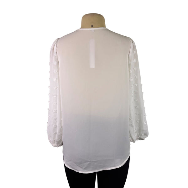 Gaovot Women’s White V-Neck Blouse Textured Long Sleeve Dot Details Size M - New