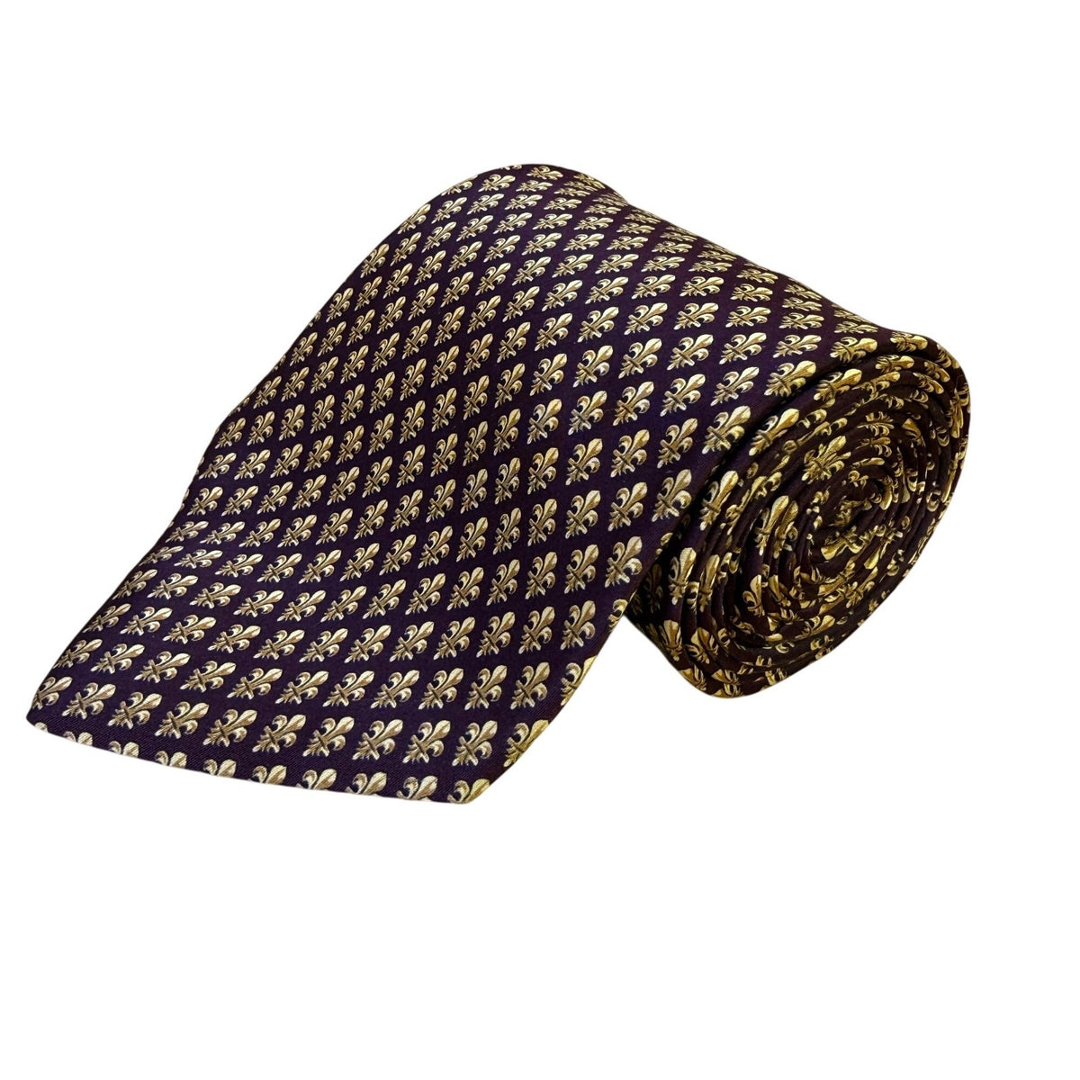 Les Montreux Mens Purple & Gold Silk Tie Fleur-De-Lis Print 58" Long Vintage Nec