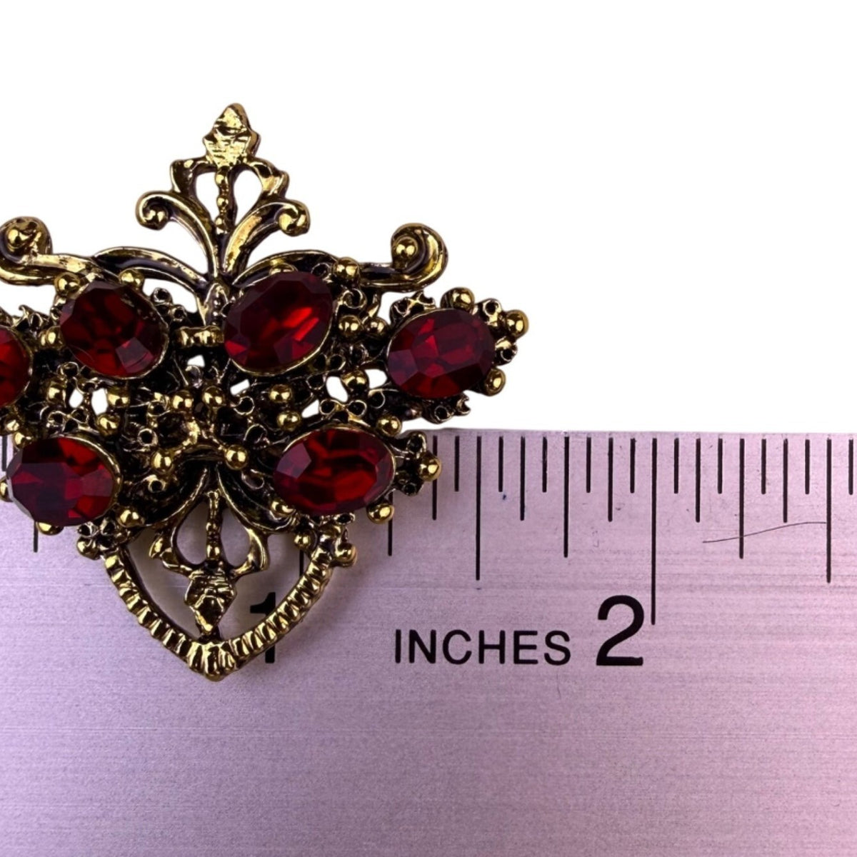 Gold-Tone Red Glass Brooch & Clip-On Earrings Set Victorian-Inspired Jewelry