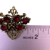 Gold-Tone Red Glass Brooch & Clip-On Earrings Set Victorian-Inspired Jewelry