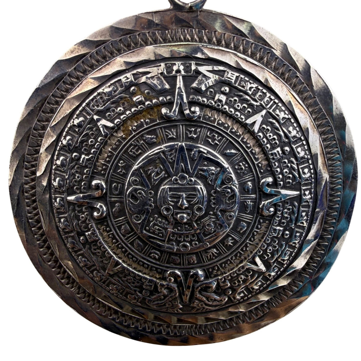 Asymmetrical Silver Tone Mayan Calendar Pendant Necklace Rope Chain