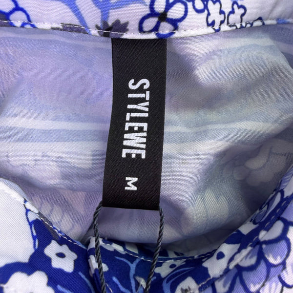 Stylewe Womens Blue White Floral Long-Sleeve Blouse Elegant Shirt Size M