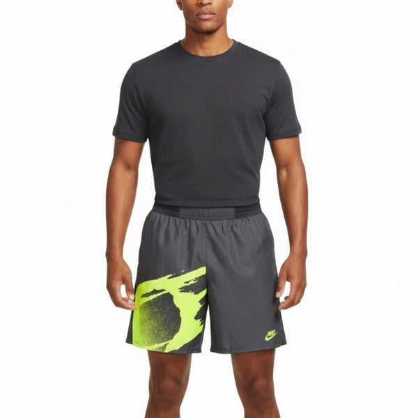 Nike Mens Grey Tennis Shorts With Neon Yellow Graphic Dri-Fit Standard Fit Sz L